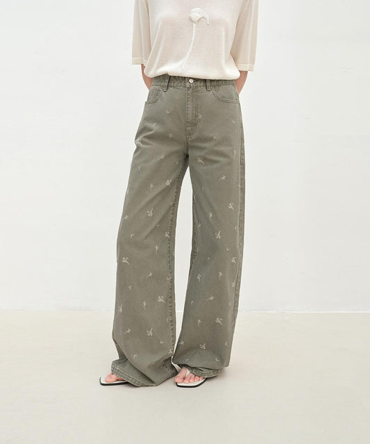 "Carol Pie" loose high-waisted wide-leg calla lily print jeans for women