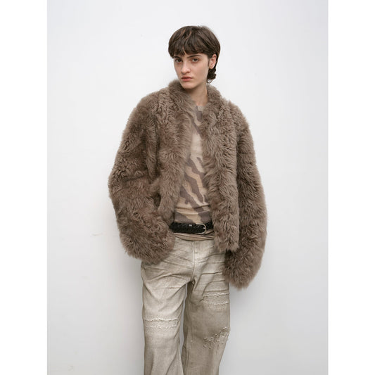 "Autumn Basel" imported Tuscan sheepskin half-roll short casual fur coat