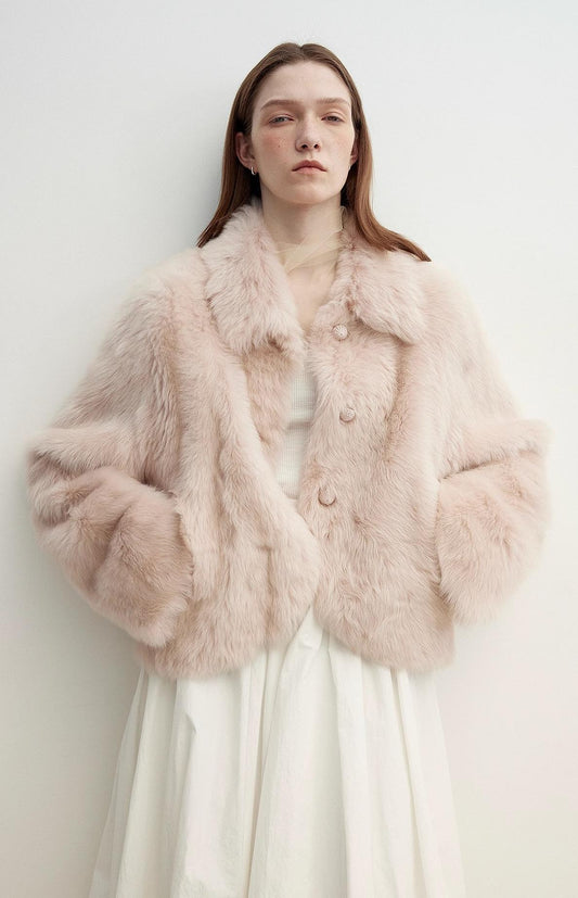 "Autumn Secret" Pink Lapel Tuscan Straight Fur Sheepskin Short Jacket