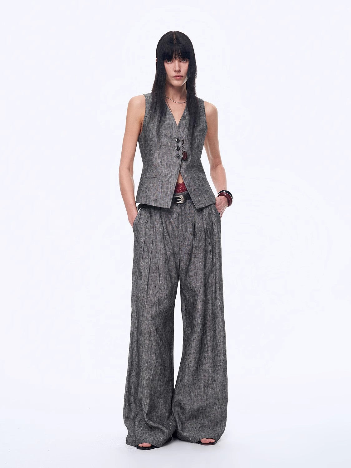 Fireladyfur Women's Linen Suit Set: Draped Vest & High-Waist Straight Trousers"Old Money Space"