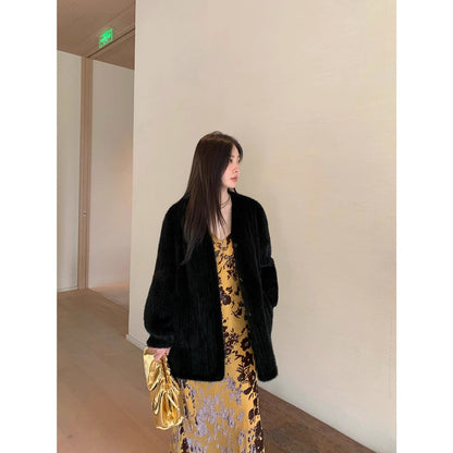 "Moon Serenade" High-luxury imported velvet mink woven fur coat mid-length mink coat (handmade)