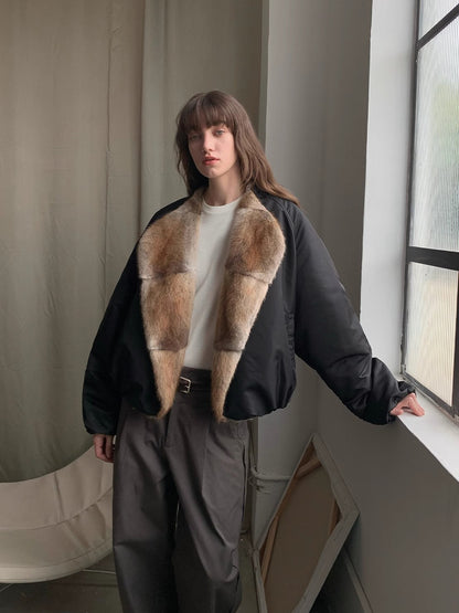 Fireladyfur Women’s Short Colorblock Parka with Sable Mink Fur Collar and Goose Down“Hull Contract”