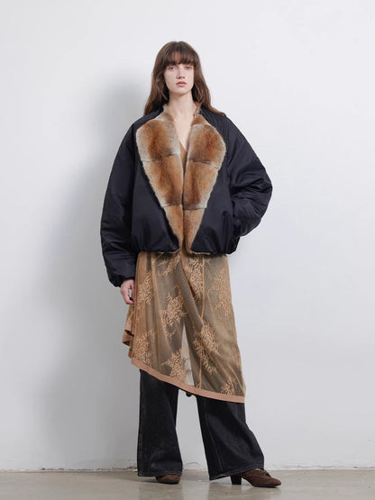 Fireladyfur Women’s Short Colorblock Parka with Sable Mink Fur Collar and Goose Down“Hull Contract”