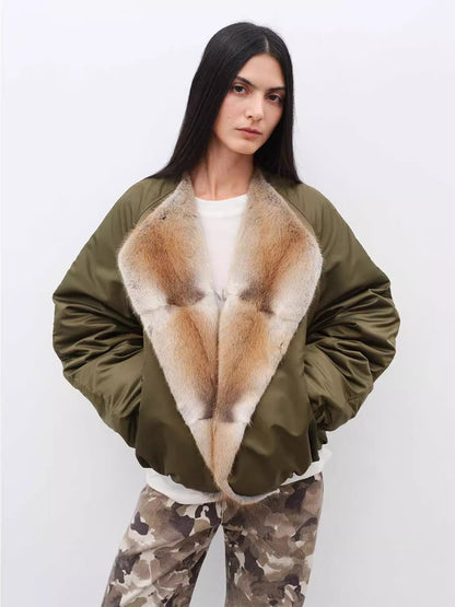 Fireladyfur Women’s Short Colorblock Parka with Sable Mink Fur Collar and Goose Down“Hull Contract”