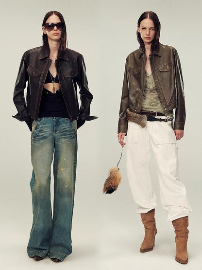 Women's imported first-layer suede sheepskin short autumn leather jacket