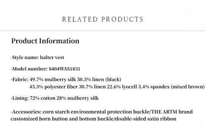 Classic old money style cool feeling silk linen halterneck sleeveless short vest women's top