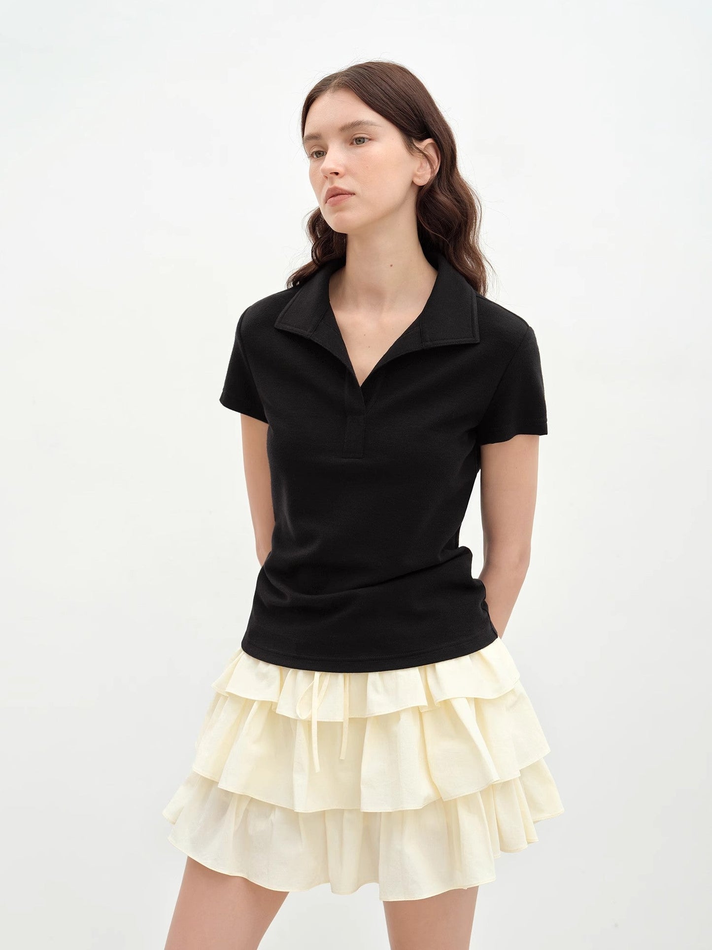 "Dublin" Lapel Straight Shoulder Slim Fit Short Sleeve T-shirt Tops Women