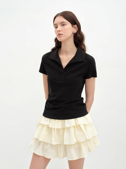 "Dublin" Lapel Straight Shoulder Slim Fit Short Sleeve T-shirt Tops Women