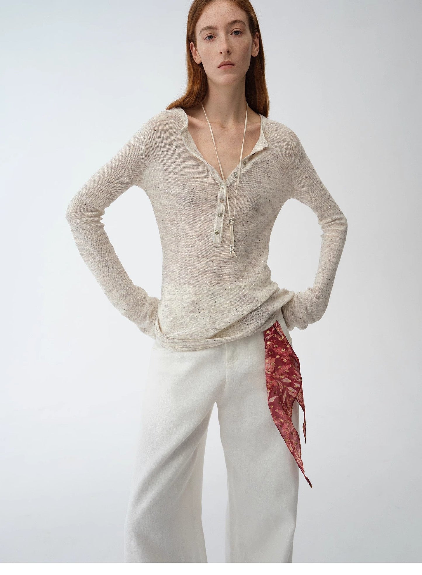 Fashionable cotton and linen beaded fancy yarn waisted bell sleeves round neck cardigan knitted top"Perry Moonlight"