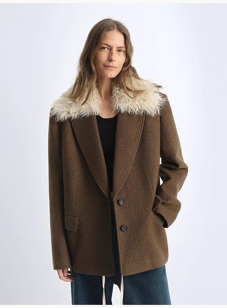 Fireladyfur Wool Tweed Coat with Detachable Fur Collar"Vertical Texture"
