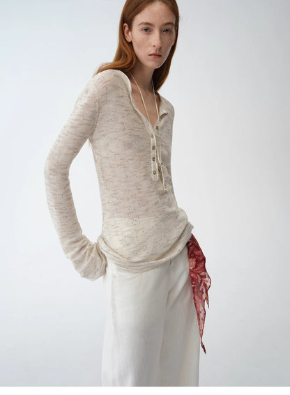 Fashionable cotton and linen beaded fancy yarn waisted bell sleeves round neck cardigan knitted top"Perry Moonlight"