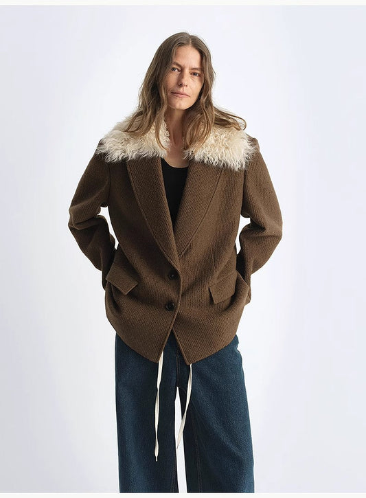 Fireladyfur Wool Tweed Coat with Detachable Fur Collar"Vertical Texture"