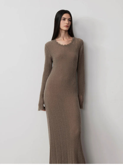 Wool looped yarn raw edge ripped and drapey long dress with a slim fit