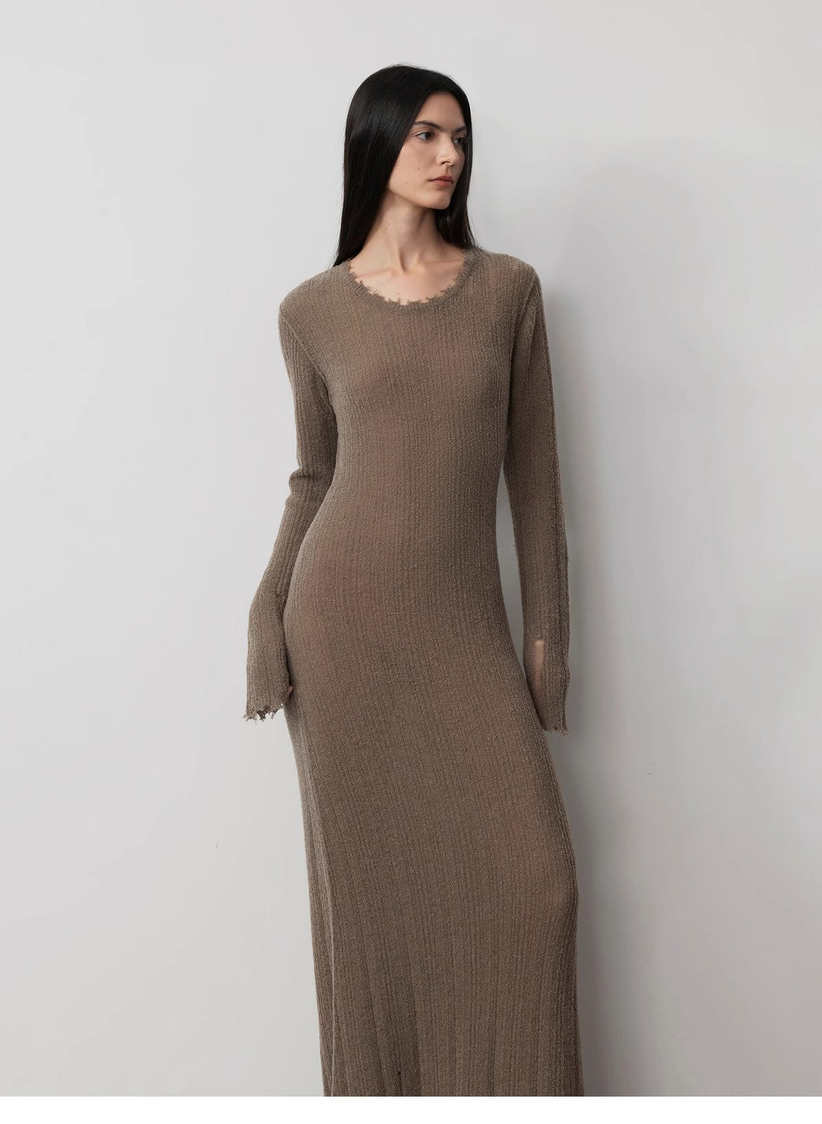 Wool looped yarn raw edge ripped and drapey long dress with a slim fit