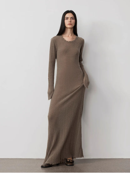 Wool looped yarn raw edge ripped and drapey long dress with a slim fit