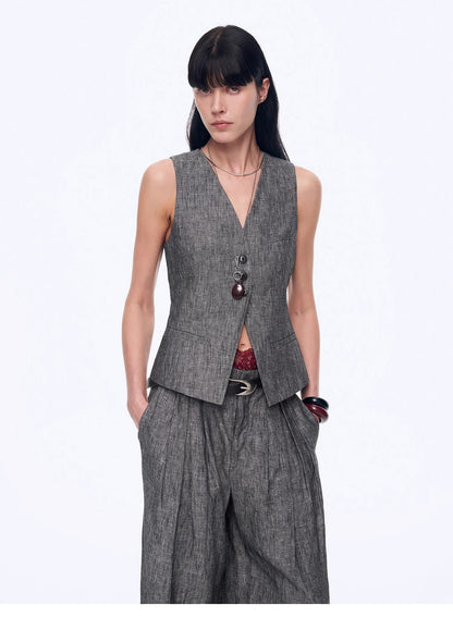 Fireladyfur Women's Linen Suit Set: Draped Vest & High-Waist Straight Trousers"Old Money Space"
