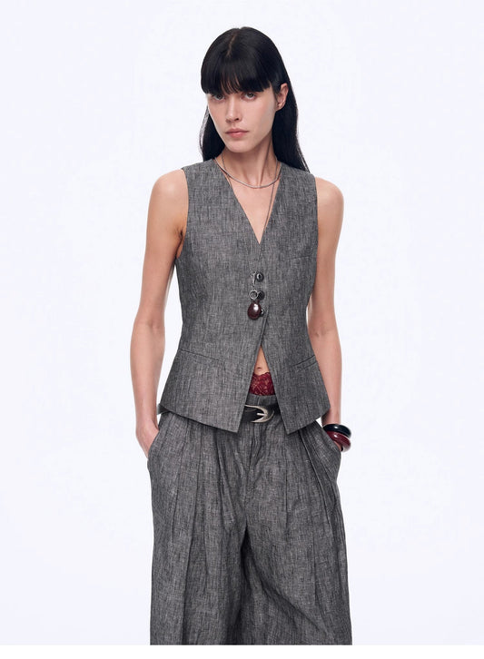 Fireladyfur Women's Linen Suit Set: Draped Vest & High-Waist Straight Trousers"Old Money Space"