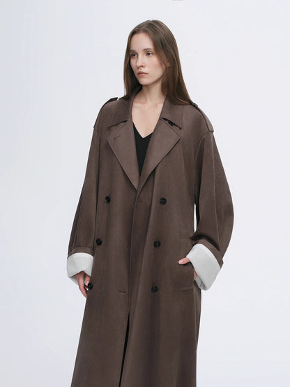 "Line Walker" matte micro-velvet drape classic elegant double-breasted straight long trench coat