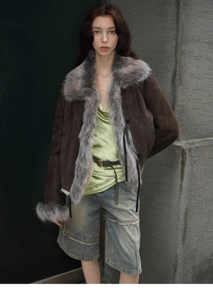 "Florence" imported merino wool sheepskin patchwork fox fur collar fur coat winter