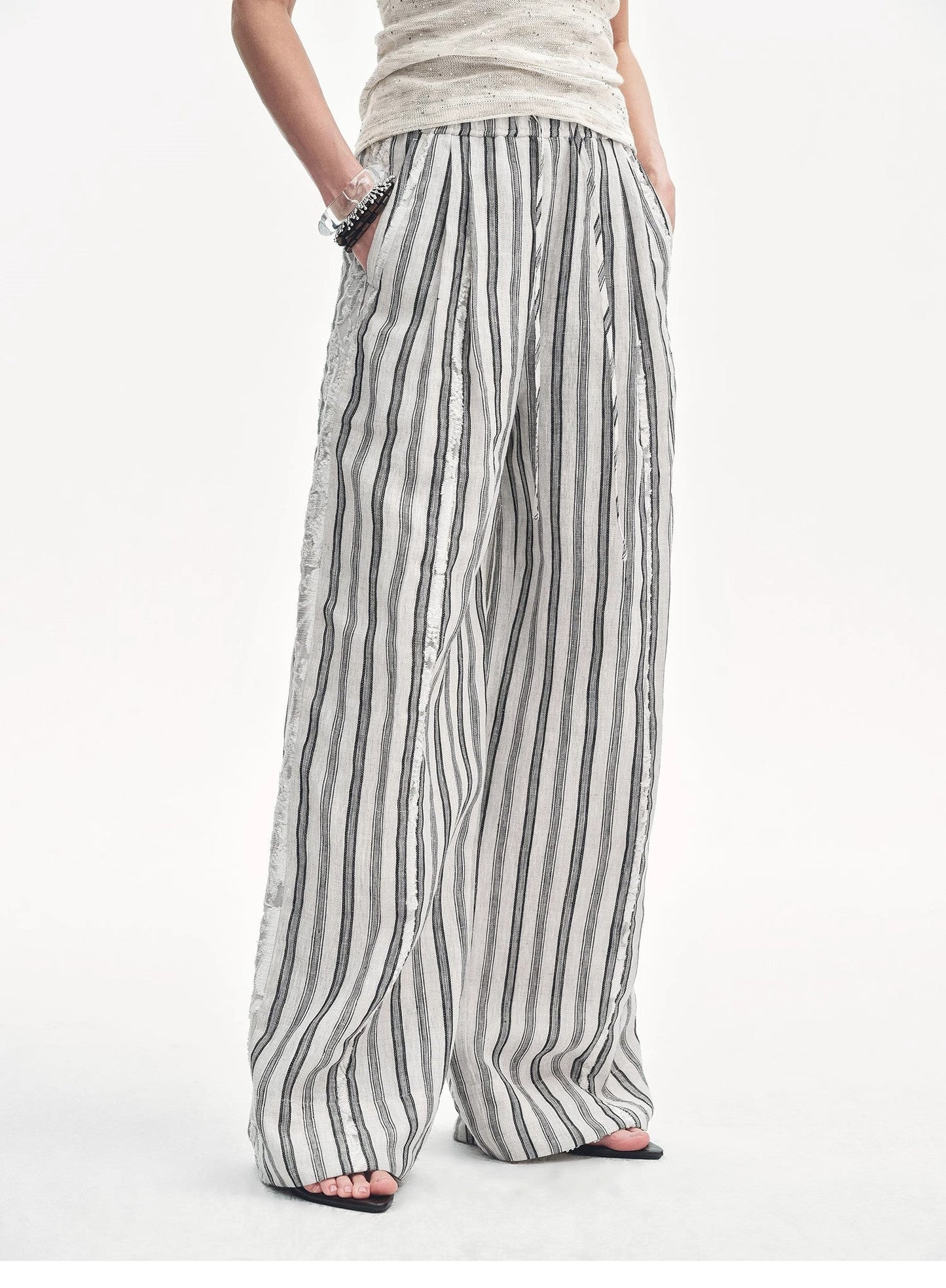 Linen Vertical Stripe Drape Wide Leg Casual Pants"Fashion Tension"