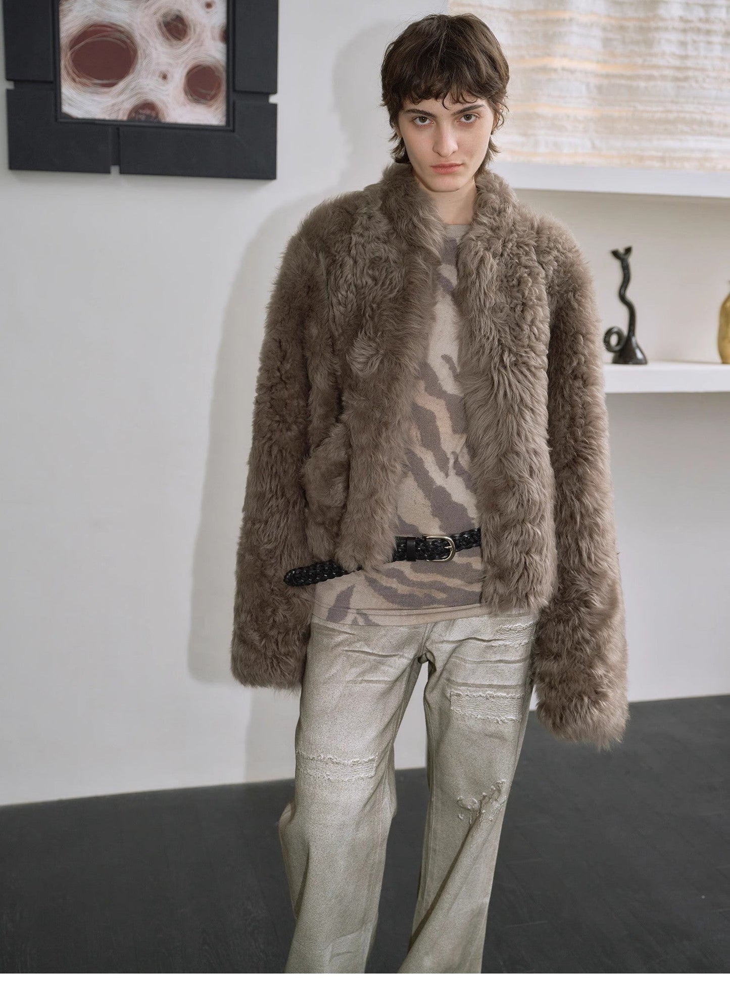 "Autumn Basel" imported Tuscan sheepskin half-roll short casual fur coat