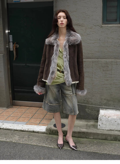 "Florence" imported merino wool sheepskin patchwork fox fur collar fur coat winter