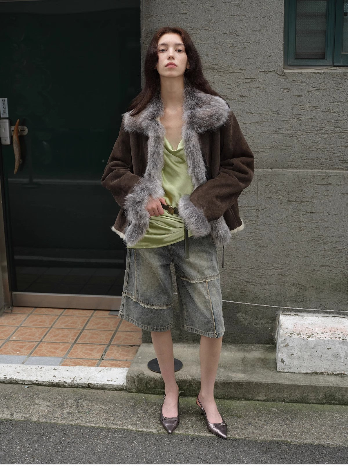 "Florence" imported merino wool sheepskin patchwork fox fur collar fur coat winter
