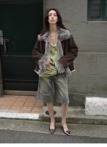 "Florence" imported merino wool sheepskin patchwork fox fur collar fur coat winter