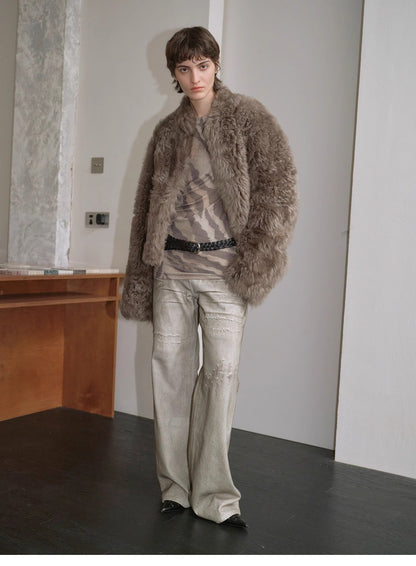 "Autumn Basel" imported Tuscan sheepskin half-roll short casual fur coat