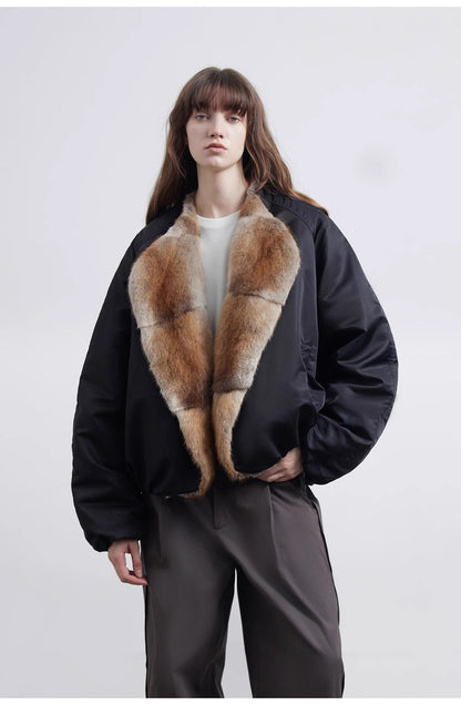 Fireladyfur Women’s Short Colorblock Parka with Sable Mink Fur Collar and Goose Down“Hull Contract”