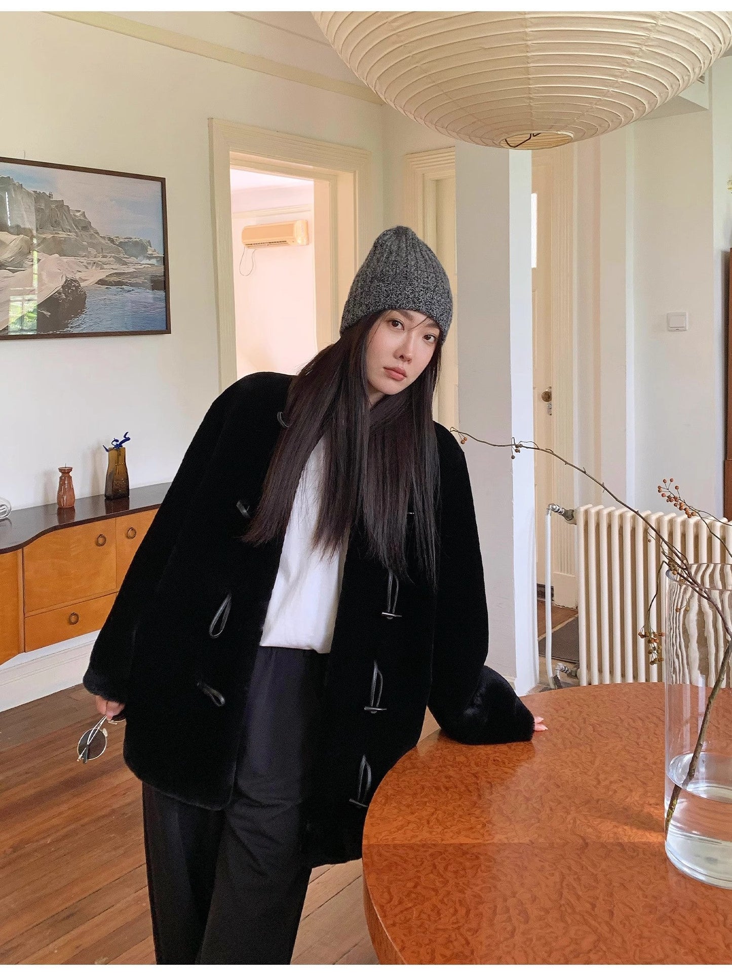 "Yemora" imported merino wool sheepskin small stand collar coat for women