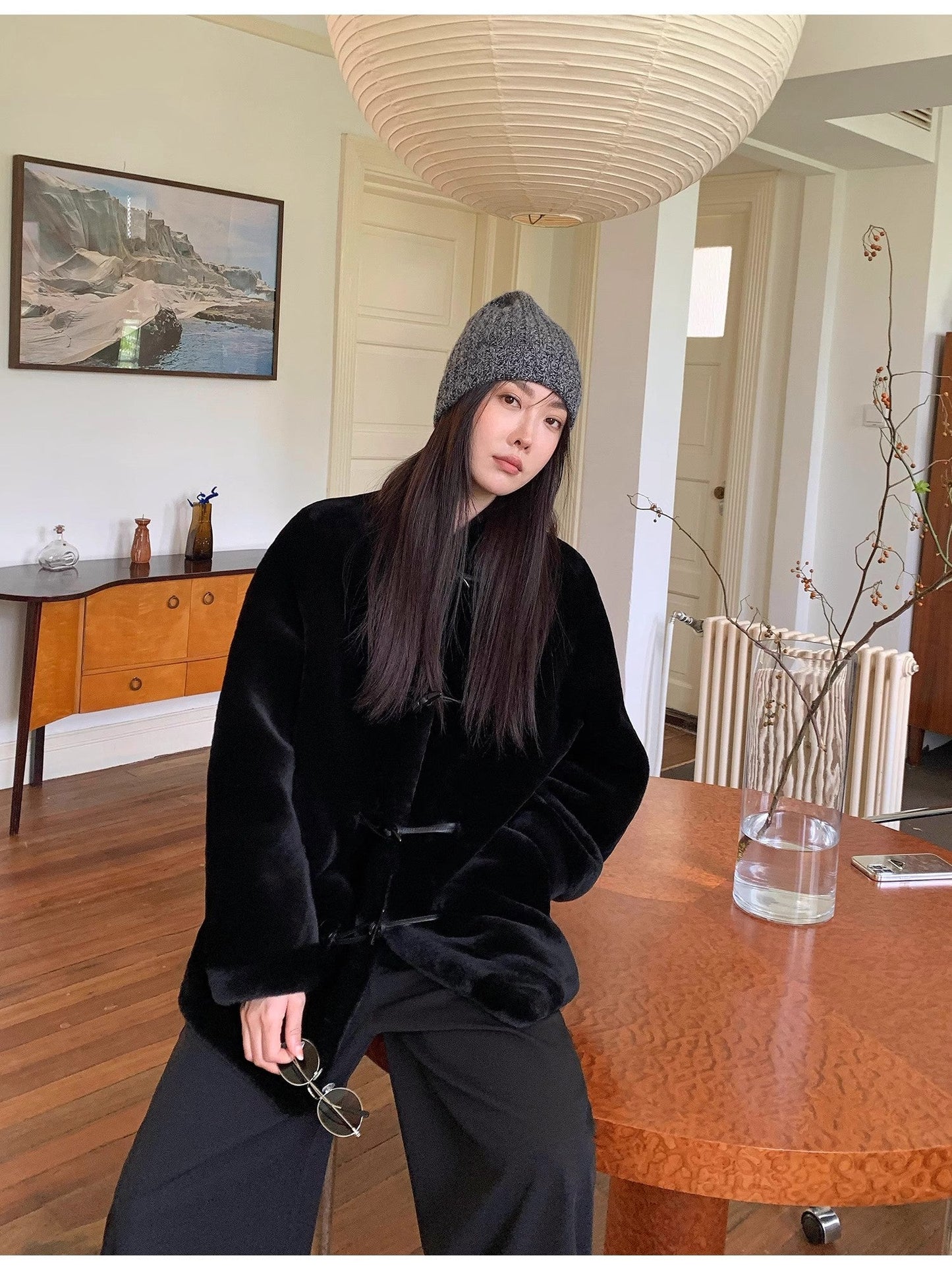 "Yemora" imported merino wool sheepskin small stand collar coat for women