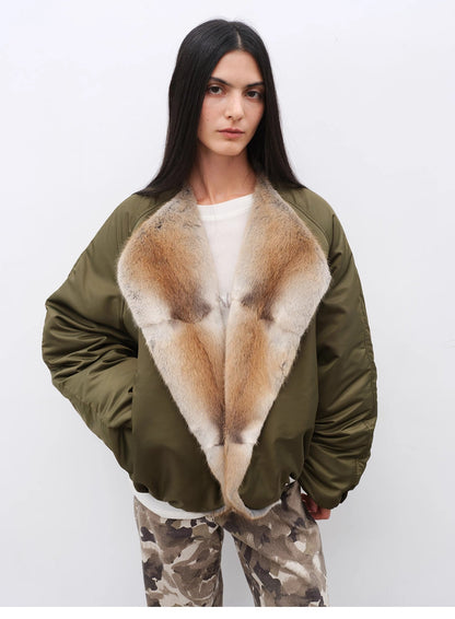 Fireladyfur Women’s Short Colorblock Parka with Sable Mink Fur Collar and Goose Down“Hull Contract”