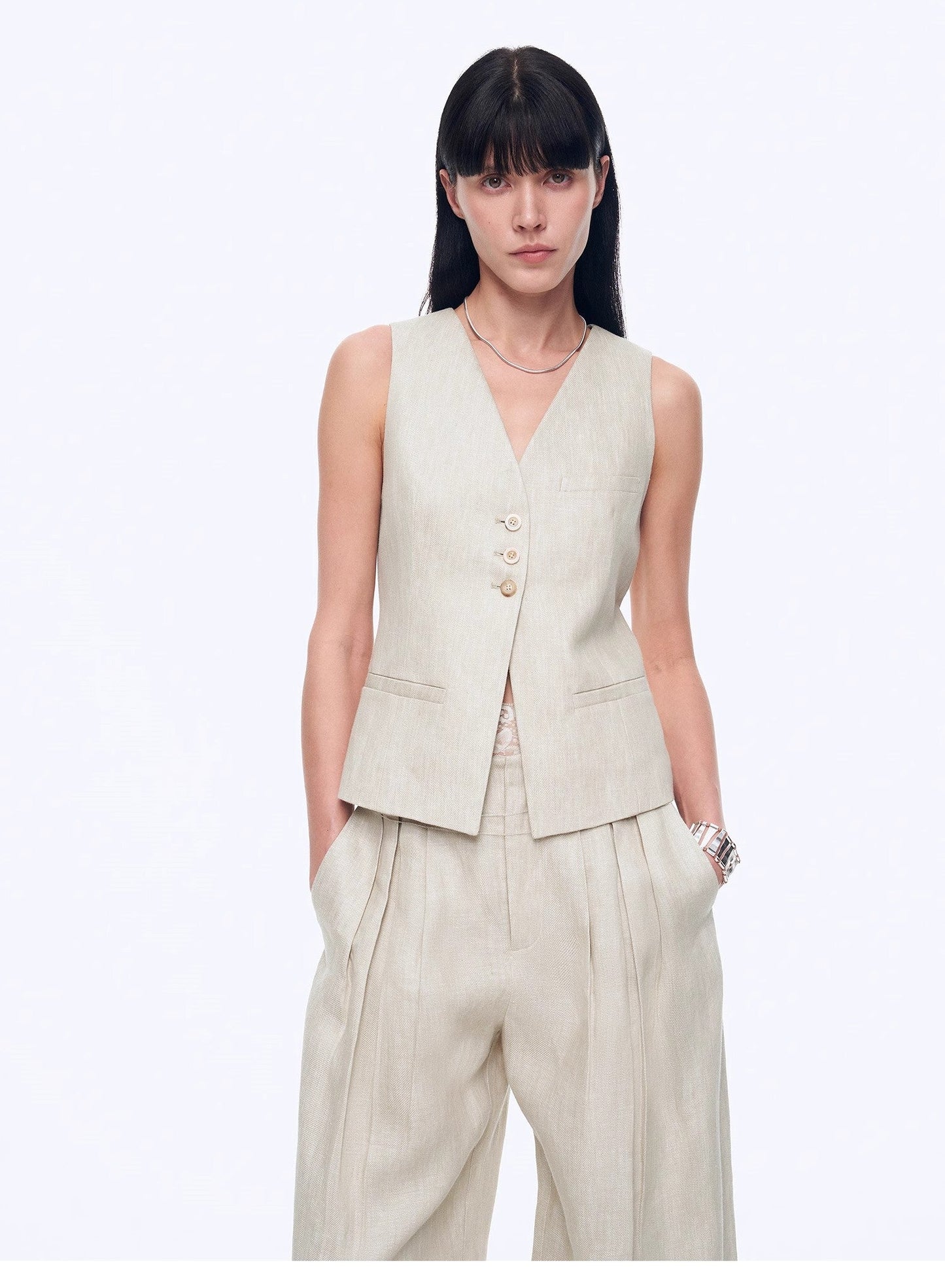 Fireladyfur Women's Linen Suit Set: Draped Vest & High-Waist Straight Trousers"Old Money Space"