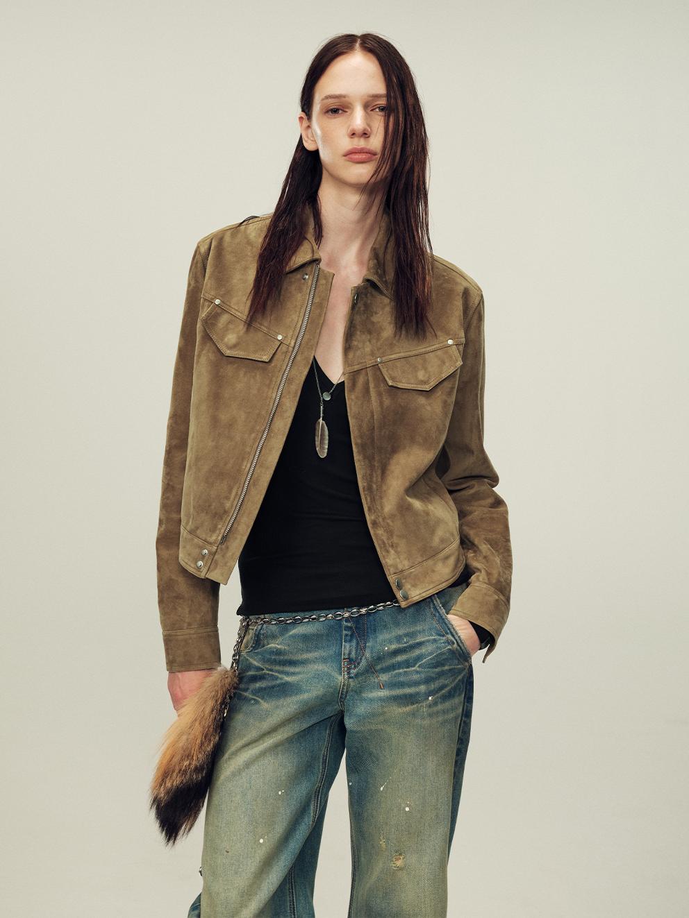 Women's imported first-layer suede sheepskin short autumn leather jacket