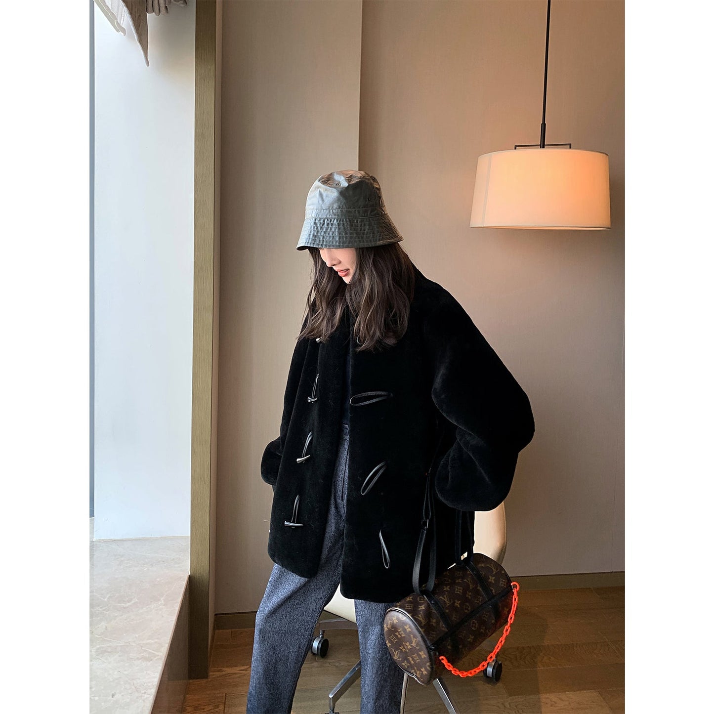 "Yemora" imported merino wool sheepskin small stand collar coat for women