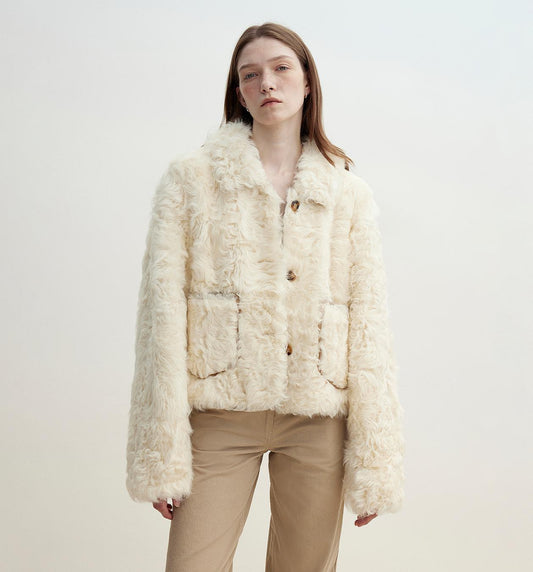 "Rachel" frost-smudged two-tone sheepskin lapel coat