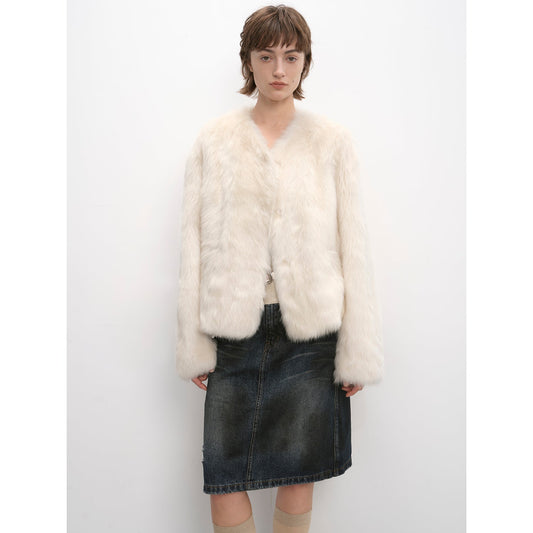 "Darcy Manor" imported Tuscan straight wool sheepskin sweetheart collar short fur coat