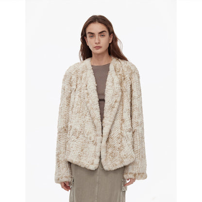 "Inspiration Glimpse" lapel double-breasted loose woven Rex rabbit fur coat for women in winter