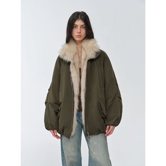 Fireladyfur Women's Mid-Length Two-Tone Fox Fur Down Jacket"Warm Dialogue"