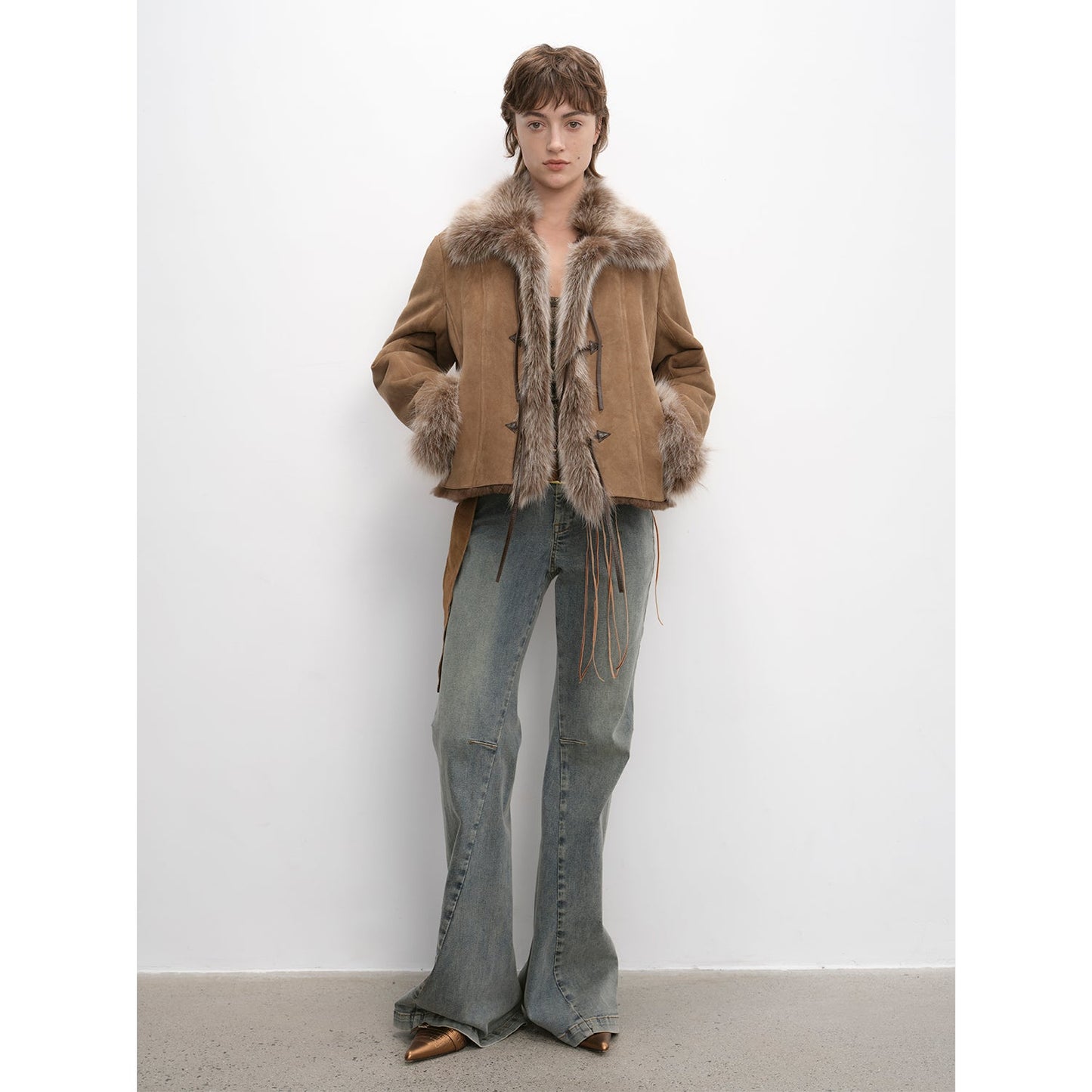 "Florence" imported merino wool sheepskin patchwork fox fur collar fur coat winter
