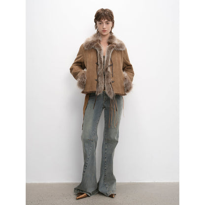 "Florence" imported merino wool sheepskin patchwork fox fur collar fur coat winter