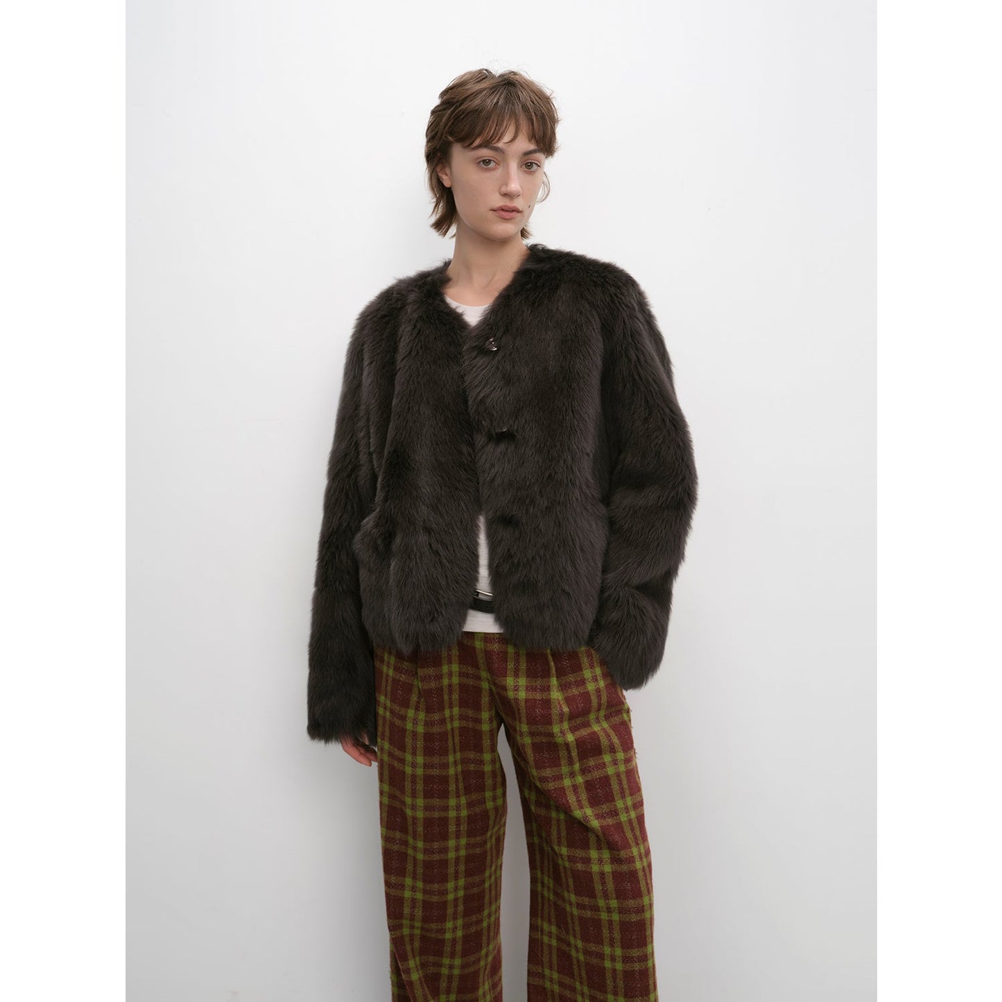 "Darcy Manor" imported Tuscan straight wool sheepskin sweetheart collar short fur coat