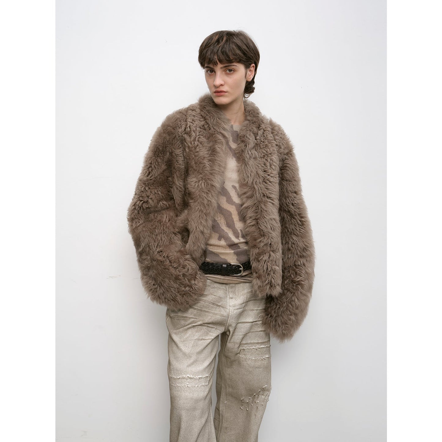 "Autumn Basel" imported Tuscan sheepskin half-roll short casual fur coat