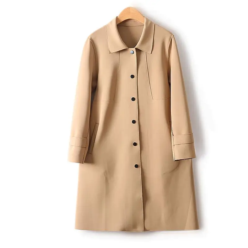 Simple French Fashion Light Luxury Windbreaker Mid Length Autumn Turn Down Collar Single Breasted Air Cotton Jackets Women